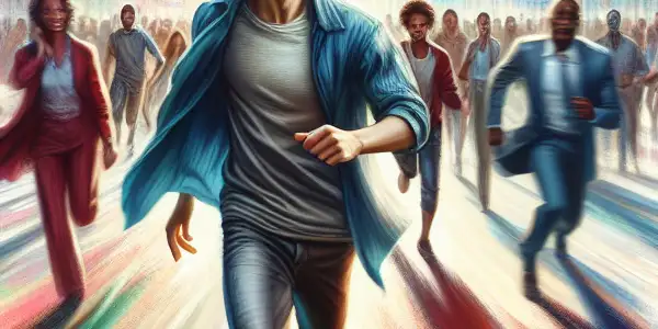 A young man named Gou Sheng runs determinedly through a vibrant city, embodying resilience amidst a bustling crowd.