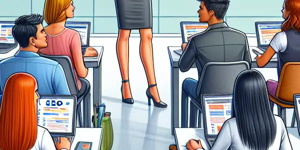 现代教室中的SEO培训研讨会，学员积极参与，讲师展示相关数据图表。