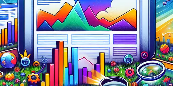 数字化景观中展示SEO推广元素，包括搜索引擎结果、高质量网站、关键词、分析图表和多种设备。